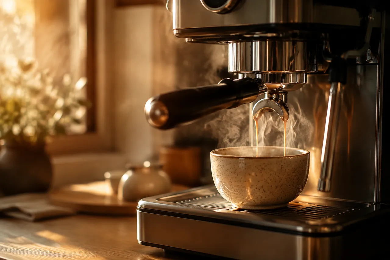 Illustrative photography of a home espresso setup: not a product photograph or a test